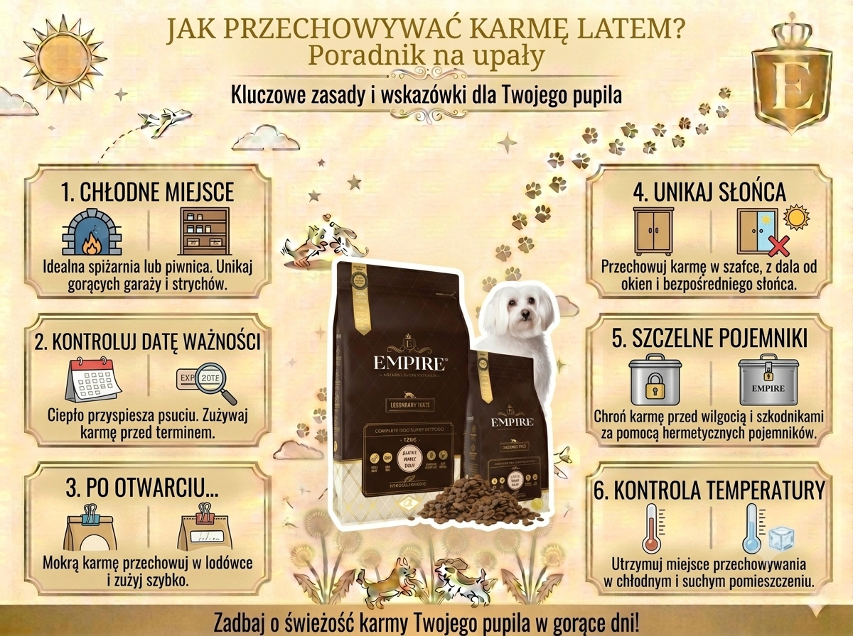 Jak przechowywać karmę latem? Infografika przedstawiająca najważniejsze zasady przechowywania suchej i mokrej karmy dla psa podczas upałów: wybór chłodnego miejsca, kontrolę daty ważności, przechowywanie po otwarciu, ochronę przed słońcem, stosowanie szczelnych pojemników oraz utrzymywanie odpowiedniej temperatury.